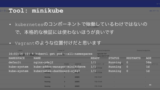 Tool: minikube
• kubernetesͷίϯϙʔωϯτͰՔಇ͍ͯ͠ΔΘ͚Ͱ͸ͳ͍ͷ
Ͱɺຊ֨తͳݕূʹ͸࢖Θͳ͍΄͏͕ྑ͍Ͱ͢
• VagrantͷΑ͏ͳҐஔ෇͚ͩͱࢥ͍·͢
16:03:16 [0] % kubectl get pod --all-namespaces
NAMESPACE NAME READY STATUS RESTARTS AGE
default nginx-ydej2 1/1 Running 0 58m
kube-system kube-addon-manager-minikubevm 1/1 Running 0 1d
kube-system kubernetes-dashboard-xj6g7 1/1 Running 0 1d
66
