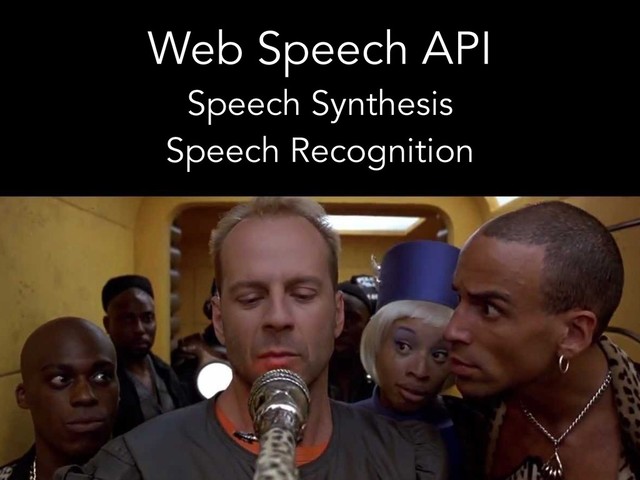 Web Speech API
Speech Synthesis
Speech Recognition
