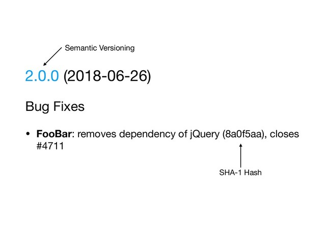 2.0.0 (2018-06-26)

Bug Fixes

• FooBar: removes dependency of jQuery (8a0f5aa), closes
#4711

Semantic Versioning
SHA-1 Hash
