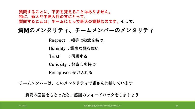 5/17/2022 2021 新人研修, COPYRIGHT © ATSUSHI NAGATA 29
質問することに、不安を覚えることはありません。
特に、新人や中途入社の方にとって、
質問することは、チームにとって最大の貢献なのです。そして、
質問のメンタリティ、チームメンバーのメンタリティ
Respect : 相手に敬意を持つ
Humility : 謙虚な振る舞い
Trust : 信頼する
Curiosity : 好奇心を持つ
Receptive : 受け入れる
チームメンバーは、このメンタリティで皆さんに接しています
質問の回答をもらったら、感謝のフィードバックをしましょう
