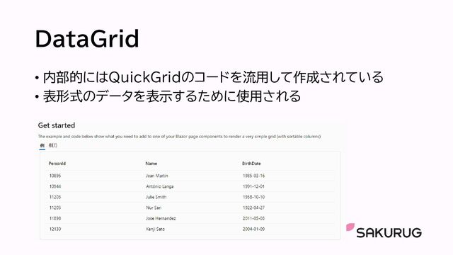 DataGrid
• 内部的にはQuickGridのコードを流用して作成されている
• 表形式のデータを表示するために使用される
