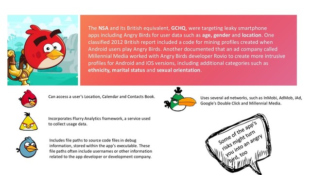 The NSA and its British equivalent, GCHQ, were targeting leaky smartphone
apps including Angry Birds for user data such as age, gender and location. One
classified 2012 British report included a code for mining profiles created when
Android users play Angry Birds. Another documented that an ad company called
Millennial Media worked with Angry Birds developer Rovio to create more intrusive
profiles for Android and iOS versions, including additional categories such as
ethnicity, marital status and sexual orientation.
Can access a user's Location, Calendar and Contacts Book.
Incorporates Flurry Analytics framework, a service used
to collect usage data.
Includes file paths to source code files in debug
information, stored within the app's executable. These
file paths often include usernames or other information
related to the app developer or development company.
Uses several ad networks, such as InMobi, AdMob, iAd,
Google's Double Click and Millennial Media.
