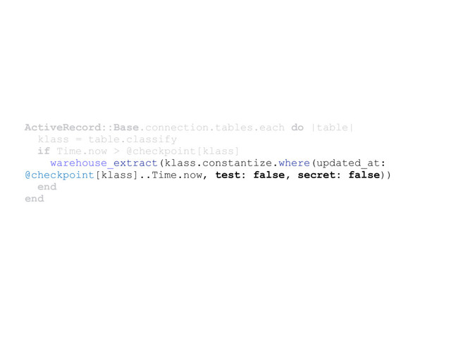 ActiveRecord::Base.connection.tables.each do |table|
klass = table.classify
if Time.now > @checkpoint[klass]
warehouse_extract(klass.constantize.where(updated_at:
@checkpoint[klass]..Time.now, test: false, secret: false))
end
end
