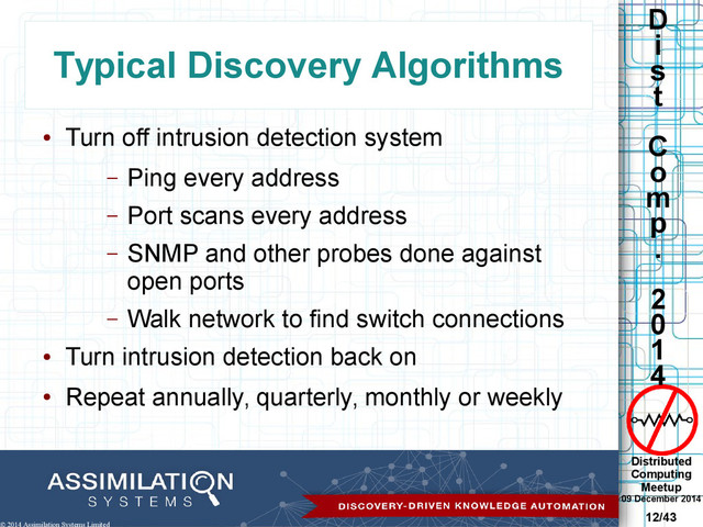 Distributed
Computing
Meetup
09 December 2014
12/43
D
i
s
t
C
o
m
p
.
2
0
1
4
© 2014 Assimilation Systems Limited
Typical Discovery Algorithms
●
Turn off intrusion detection system
– Ping every address
– Port scans every address
– SNMP and other probes done against
open ports
– Walk network to find switch connections
●
Turn intrusion detection back on
●
Repeat annually, quarterly, monthly or weekly
