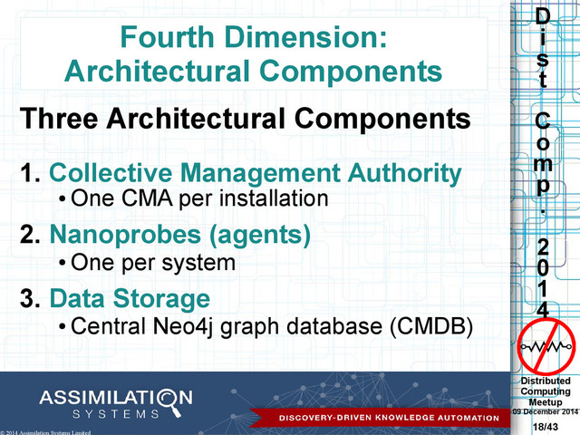 Distributed
Computing
Meetup
09 December 2014
18/43
D
i
s
t
C
o
m
p
.
2
0
1
4
© 2014 Assimilation Systems Limited
Fourth Dimension:
Architectural Components
Three Architectural Components
1. Collective Management Authority
●
One CMA per installation
2. Nanoprobes (agents)
●
One per system
3. Data Storage
●
Central Neo4j graph database (CMDB)
