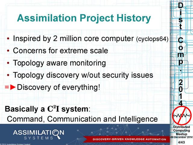 Distributed
Computing
Meetup
09 December 2014
4/43
D
i
s
t
C
o
m
p
.
2
0
1
4
© 2014 Assimilation Systems Limited
Assimilation Project History
●
Inspired by 2 million core computer (cyclops64)
●
Concerns for extreme scale
●
Topology aware monitoring
●
Topology discovery w/out security issues
=►Discovery of everything!
Basically a C2I system:
Command, Communication and Intelligence
