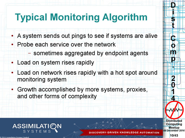 Distributed
Computing
Meetup
09 December 2014
10/43
D
i
s
t
C
o
m
p
.
2
0
1
4
© 2014 Assimilation Systems Limited
Typical Monitoring Algorithm
●
A system sends out pings to see if systems are alive
●
Probe each service over the network
– sometimes aggregated by endpoint agents
●
Load on system rises rapidly
●
Load on network rises rapidly with a hot spot around
monitoring system
●
Growth accomplished by more systems, proxies,
and other forms of complexity
