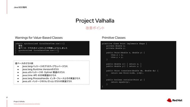 Project Valhalla
17
Java SEの動向
改善ポイント
Project Valhalla:
https://openjdk.org/projects/valhalla/
primitive class Point implements Shape {
private double x;
private double y;
public Point(double x, double y) {
this.x = x;
this.y = y;
}
public double x() { return x; }
public double y() { return y; }
public Point translate(double dx, double dy) {
return new Point(x+dx, y+dy);
}
public boolean contains(Point p) {
return equals(p);
}
}
Primitive Classes
jshell> synchronized (LocalDateTime.now()){}
| 警告:
| 値ベース・クラスのインスタンスで同期しようとしました
| synchronized (LocalDateTime.now()){}
| ^----------------------------------^
Warnings for Value-Based Classes
値ベースのクラス例
● java.langパッケージのプリミティブラッパークラス
● java.lang.Runtime.Versionのクラス
● java.utilパッケージの Optinal 関連のクラス
● java.time API の日時関連のクラス
● java.lang.ProcessHandle インターフェースとその実装クラス
● java.util パッケージのコレクションクラスの実装クラス
