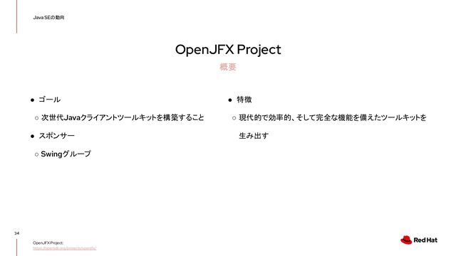 OpenJFX Project
34
Java SEの動向
概要
OpenJFX Project:
https://openjdk.org/projects/openjfx/
● ゴール
○ 次世代Javaクライアントツールキットを構築すること
● スポンサー
○ Swingグループ
● 特徴
○ 現代的で効率的、そして完全な機能を備えたツールキットを
生み出す

