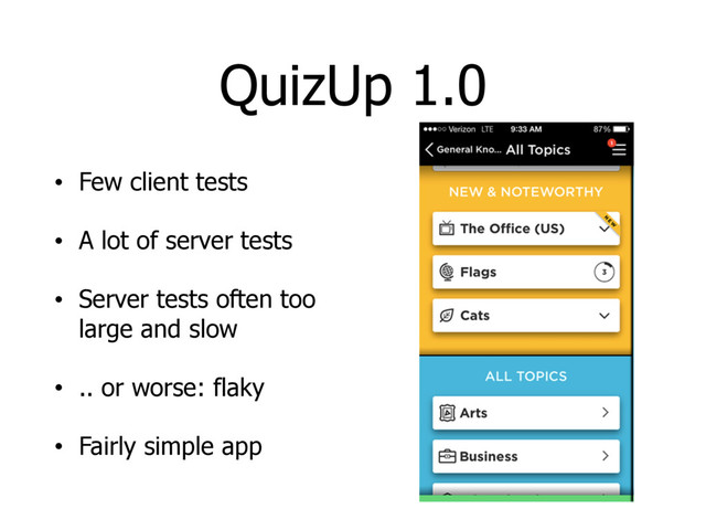 QuizUp 1.0
• Few client tests
• A lot of server tests
• Server tests often too
large and slow
• .. or worse: flaky
• Fairly simple app
