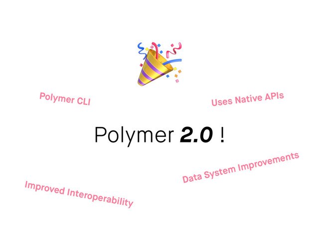 Polymer 2.0 !
Improved Interoperability
Data System Improvements
Uses Native APIs
Polymer CLI
