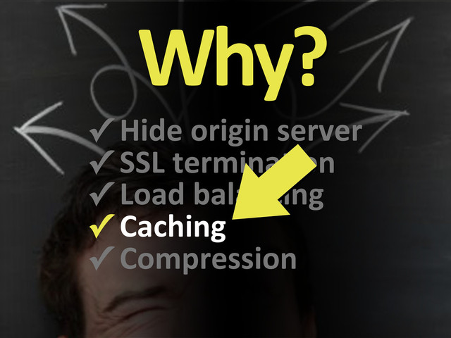 Why?
✓#Hide#origin#server
✓#SSL#termina9on
✓#Load#balancing
✓#Caching
✓#Compression
