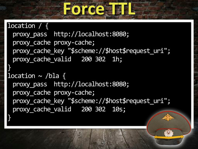 Force&TTL
location%/%{
proxy_pass%%http://localhost:8080;
proxy_cache%proxy3cache;
proxy_cache_key%"$scheme://$host$request_uri";
proxy_cache_valid%%%200%302%%1h;
}
location%~%/bla%{
proxy_pass%%http://localhost:8080;
proxy_cache%proxy3cache;
proxy_cache_key%"$scheme://$host$request_uri";
proxy_cache_valid%%%200%302%%10s;
}
