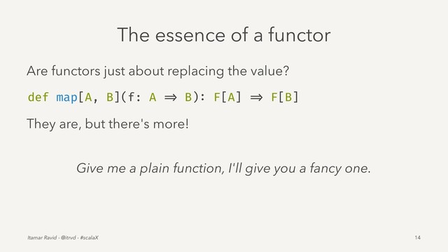 The essence of a functor
Are functors just about replacing the value?
def map[A, B](f: A => B): F[A] => F[B]
They are, but there's more!
Give me a plain function, I'll give you a fancy one.
Itamar Ravid - @itrvd - #scalaX 14
