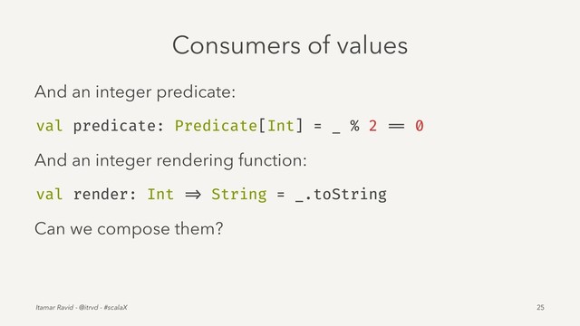 Consumers of values
And an integer predicate:
val predicate: Predicate[Int] = _ % 2 == 0
And an integer rendering function:
val render: Int => String = _.toString
Can we compose them?
Itamar Ravid - @itrvd - #scalaX 25

