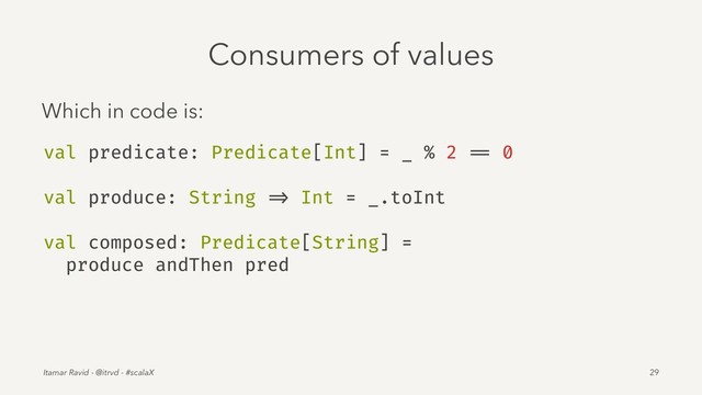 Consumers of values
Which in code is:
val predicate: Predicate[Int] = _ % 2 == 0
val produce: String => Int = _.toInt
val composed: Predicate[String] =
produce andThen pred
Itamar Ravid - @itrvd - #scalaX 29
