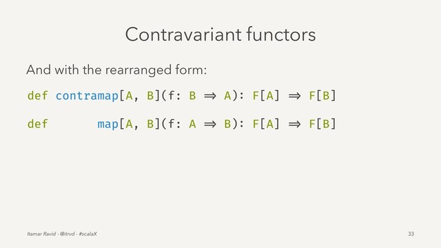 Contravariant functors
And with the rearranged form:
def contramap[A, B](f: B => A): F[A] => F[B]
def map[A, B](f: A => B): F[A] => F[B]
Itamar Ravid - @itrvd - #scalaX 33
