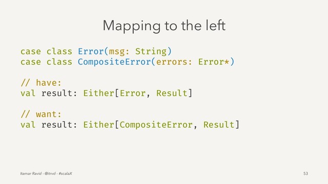 Mapping to the left
case class Error(msg: String)
case class CompositeError(errors: Error*)
// have:
val result: Either[Error, Result]
// want:
val result: Either[CompositeError, Result]
Itamar Ravid - @itrvd - #scalaX 53
