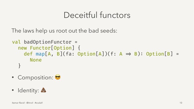 Deceitful functors
The laws help us root out the bad seeds:
val badOptionFunctor =
new Functor[Option] {
def map[A, B](fa: Option[A])(f: A => B): Option[B] =
None
}
• Composition:
!
• Identity:
"
Itamar Ravid - @itrvd - #scalaX 10
