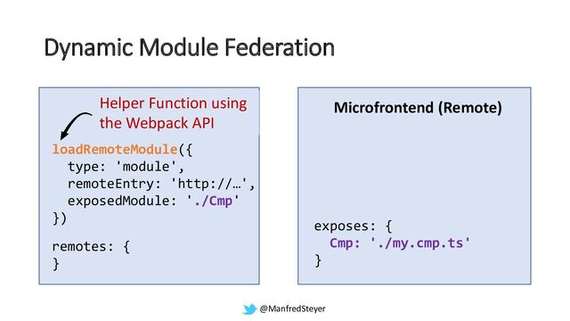 @ManfredSteyer
Dynamic Module Federation
Shell (Host) Microfrontend (Remote)
remotes: {
}
exposes: {
Cmp: './my.cmp.ts'
}
loadRemoteModule({
type: 'module',
remoteEntry: 'http://…',
exposedModule: './Cmp'
})
Helper Function using
the Webpack API
