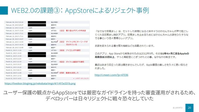 WEB2.0の課題③： AppStoreによるリジェクト事例
@_KAYATO 20
https://livedoor.blogimg.jp/nekobata/imgs/4/1/415e331b.png
http://i.meet-i.com/?p=47036
ユーザー保護の観点からAppStoreでは厳密なガイドラインを持った審査運用がされるため、
デベロッパーは日々リジェクトに戦々恐々としていた
