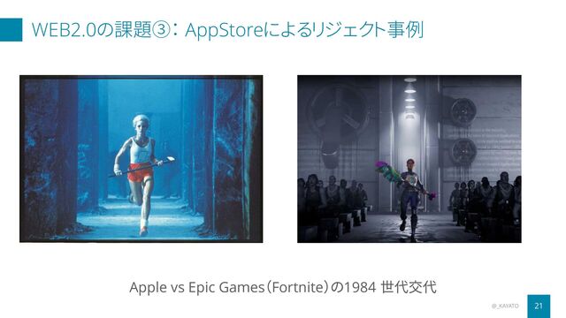 WEB2.0の課題③： AppStoreによるリジェクト事例
@_KAYATO 21
Apple vs Epic Games（Fortnite）の1984 世代交代

