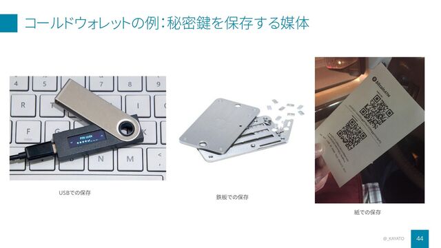 コールドウォレットの例：秘密鍵を保存する媒体
44
@_KAYATO
USBでの保存
鉄板での保存
紙での保存
