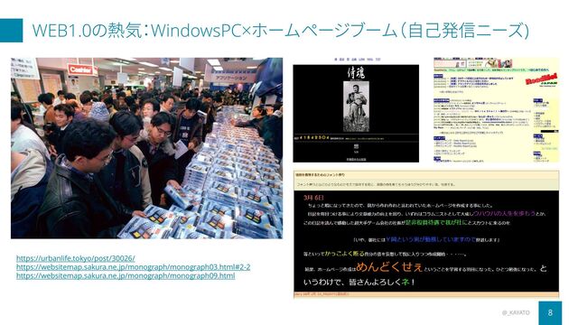 WEB1.0の熱気：WindowsPC×ホームページブーム（自己発信ニーズ)
@_KAYATO 8
https://urbanlife.tokyo/post/30026/
https://websitemap.sakura.ne.jp/monograph/monograph03.html#2-2
https://websitemap.sakura.ne.jp/monograph/monograph09.html
