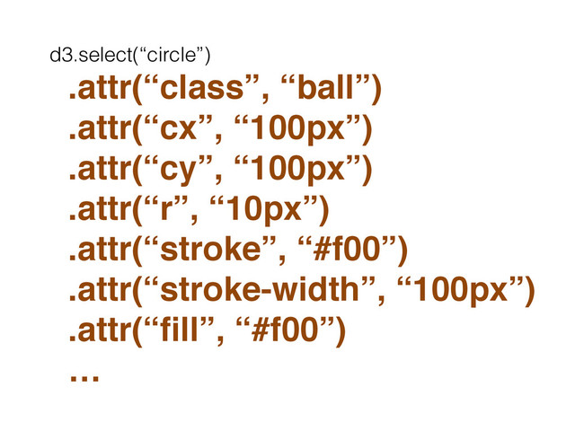 d3.select(“circle”)
.attr(“class”, “ball”)!
.attr(“cx”, “100px”)!
.attr(“cy”, “100px”)!
.attr(“r”, “10px”)!
.attr(“stroke”, “#f00”)!
.attr(“stroke-width”, “100px”)!
.attr(“ﬁll”, “#f00”)!
…
