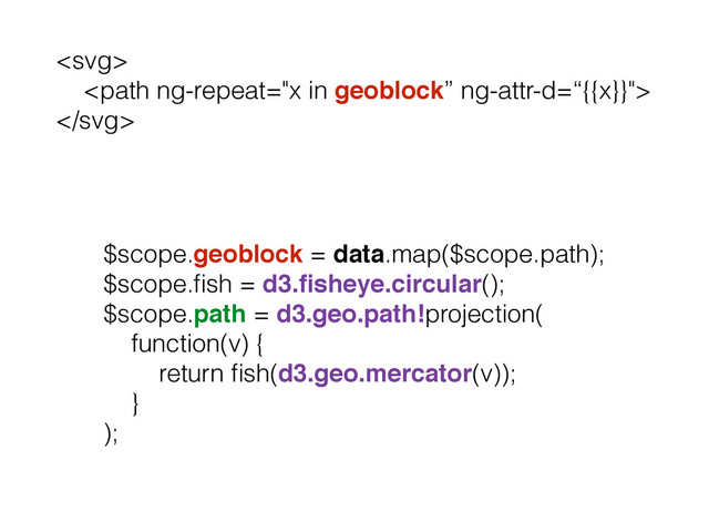 


$scope.geoblock = data.map($scope.path);
$scope.ﬁsh = d3.ﬁsheye.circular();
$scope.path = d3.geo.path!projection(
function(v) {
return ﬁsh(d3.geo.mercator(v));
}
);
