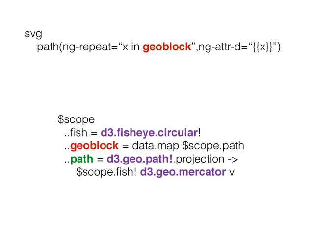 svg
path(ng-repeat=“x in geoblock”,ng-attr-d=“{{x}}”)
$scope
..ﬁsh = d3.ﬁsheye.circular!
..geoblock = data.map $scope.path
..path = d3.geo.path!.projection ->
$scope.ﬁsh! d3.geo.mercator v
