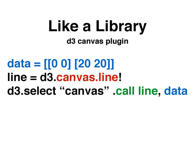 Like a Library
data = [[0 0] [20 20]]!
line = d3.canvas.line!!
d3.select “canvas” .call line, data
d3 canvas plugin

