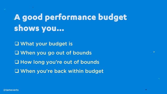 A good performance budget
shows you…
q What your budget is
q When you go out of bounds
q How long you’re out of bounds
q When you’re back within budget
@tameverts

