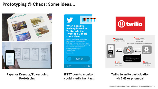CHAOS AT THE MUSEUM: TOOLS WORKSHOP | LOCAL PROJECTS 55
Prototyping @ Chaos: Some ideas…
Paper or Keynote/Powerpoint
Prototyping
IFTTT.com to monitor
social media hashtags
Twilio to invite participation
via SMS or phonecall
