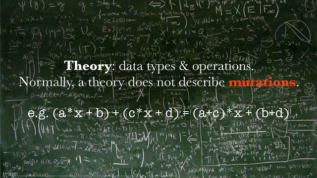 Image:
Theory: data types & operations.
Normally, a theory does not describe mutations.
e.g. (a*x + b) + (c*x + d) = (a+c)*x + (b+d)
