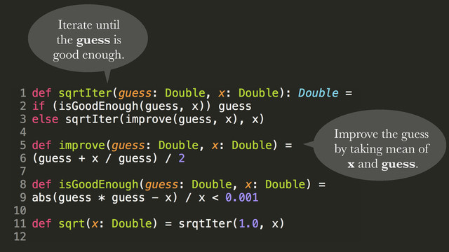 Iterate until
the guess is  
good enough.
Improve the guess 
by taking mean of 
x and guess.
