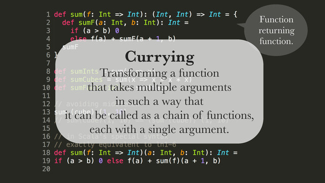 Function
returning
function.
Currying
Transforming a function
that takes multiple arguments
in such a way that
it can be called as a chain of functions,
each with a single argument.
