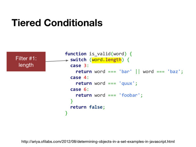 Tiered Conditionals
http://ariya.ofilabs.com/2012/08/determining-objects-in-a-set-examples-in-javascript.html
function is_valid(word) {
switch (word.length) {
case 3:
return word === 'bar' || word === 'baz';
case 4:
return word === 'quux';
case 6:
return word === 'foobar';
}
return false;
}
Filter #1:
length
