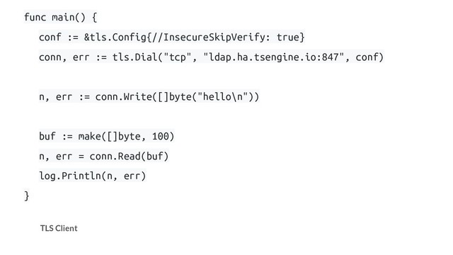 TLS Client
func main() {
conf := &tls.Config{//InsecureSkipVerify: true}
conn, err := tls.Dial("tcp", "ldap.ha.tsengine.io:847", conf)
n, err := conn.Write([]byte("hello\n"))
buf := make([]byte, 100)
n, err = conn.Read(buf)
log.Println(n, err)
}
