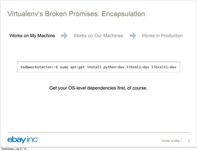 Docker at eBay
Virtualenv’s Broken Promises: Encapsulation
3
Get your OS-level dependencies first, of course.
ted@workstation:~$ sudo apt-get install python-dev libxml2-dev libxslt1-dev
Works on My Machine Works on Our Machines Works in Production
Wednesday, July 31, 13
