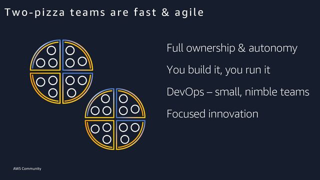 AWS Community
Full ownership & autonomy
You build it, you run it
DevOps – small, nimble teams
Focused innovation
Two-pizza teams are fast & agile
