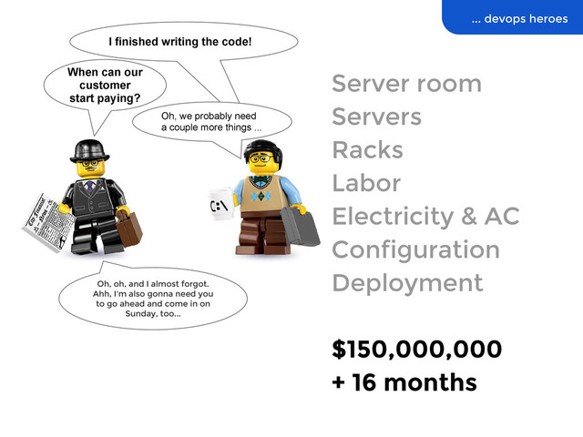 I finished writing the code!
Server room
Servers
Racks
Labor
Electricity & AC
Configuration
Deployment
$150,000,000
+ 16 months
... devops heroes
When can our
customer
start paying?
Oh, we probably need
a couple more things ...
Oh, oh, and I almost forgot.
Ahh, I'm also gonna need you
to go ahead and come in on
Sunday, too...
