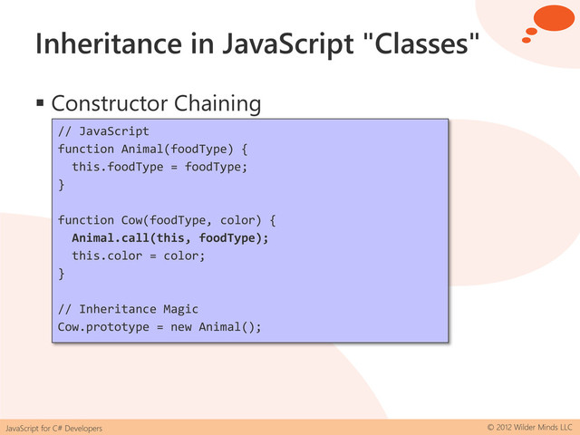 JavaScript for C# Developers © 2012 Wilder Minds LLC
Inheritance in JavaScript "Classes"
 Constructor Chaining
// JavaScript
function Animal(foodType) {
this.foodType = foodType;
}
function Cow(foodType, color) {
Animal.call(this, foodType);
this.color = color;
}
// Inheritance Magic
Cow.prototype = new Animal();
