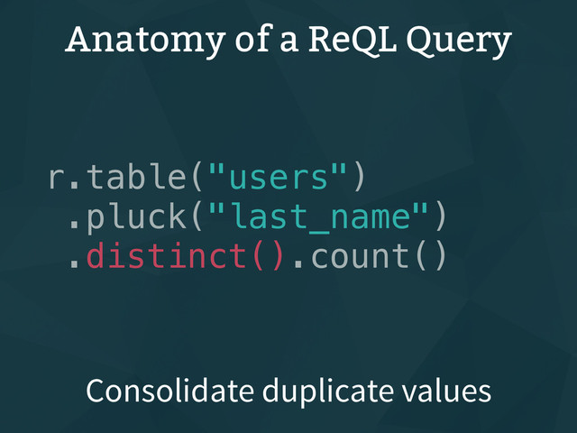 Anatomy of a ReQL Query
r.table("users")
.pluck("last_name")
.distinct().count()
Consolidate duplicate values

