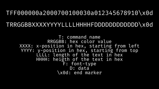 TFF000000a2000700100030a012345678910\x0d
TRRGGBBXXXXYYYYLLLLHHHHFDDDDDDDDDDDD\x0d
T: command name
RRGGBB: hex color value
XXXX: x-position in hex, starting from left
YYYY: y-position in hex, starting from top
LLLL: length of the text in hex
HHHH: heigth of the text in hex
F: font-type
D: data
\x0d: end marker
