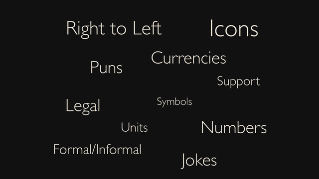 Right to Left Icons
Symbols
Puns
Jokes
Legal
Currencies
Numbers
Formal/Informal
Support
Units
