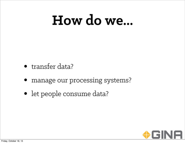 • transfer data?
• manage our processing systems?
• let people consume data?
How do we...
Friday, October 18, 13
