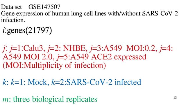 13
Data set　GSE147507
Gene expression of human lung cell lines with/without SARS-CoV-2
infection.
i:genes(21797)
j: j=1:Calu3, j=2: NHBE, j=3:A549 MOI:0.2, j=4:
A549 MOI 2.0, j=5:A549 ACE2 expressed
(MOI:Multiplicity of infection)
k: k=1: Mock, k=2:SARS-CoV-2 infected
m: three biological replicates
