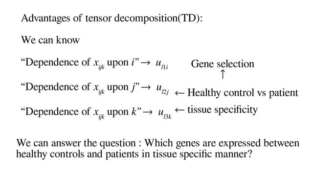 Advantages of tensor decomposition(TD):
We can know
“Dependence of x
ijk
upon i” → u
l1i
“Dependence of x
ijk
upon j” → u
l2j
“Dependence of x
ijk
upon k” → u
l3k
← Healthy control vs patient
← tissue specificity
Gene selection
↑
We can answer the question : Which genes are expressed between
healthy controls and patients in tissue specific manner?
