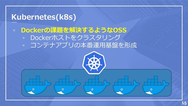 Kubernetes(k8s)
▫ Dockerの課題を解決するようなOSS
▫ Dockerホストをクラスタリング
▫ コンテナアプリの本番運用基盤を形成
15
